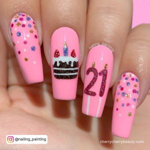 Coffin Cute Birthday Nails With Birthday Cake On One Finger