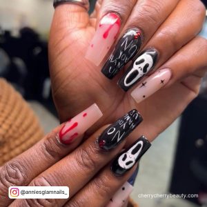 Coffin Halloween Acrylic Nails With Ghost And Blood Design