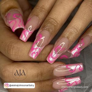 Coffin Pink Chrome Nails With Hearts