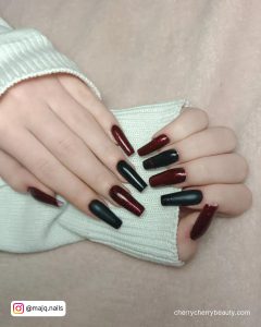 Coffin Red And Black Nails