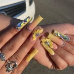 Coffin Yellow Acrylic Nails With Stones And Flowers