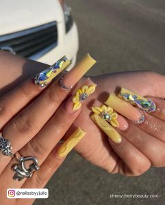 Coffin Yellow Acrylic Nails With Stones And Flowers