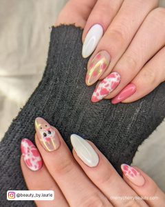 Cow Nails With Pink In Stiletto Shape