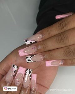 Cow Nails With Pink Tips And Black Spots