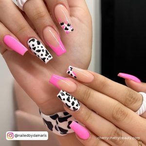 Cow Print Nails Pink In Square Shape