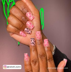 Cow Print Nails With Pink Base Coat