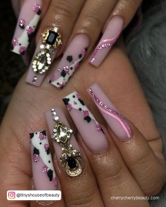 Cow Print Pink Nails With Embellishments