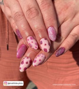 Cow Print Pink Nails With Glitter