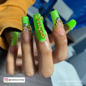 Cute Acrylic Birthday Nails In Green With Diamonds