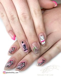 Cute Birthday Nails Short In Pink And Black With Glitter