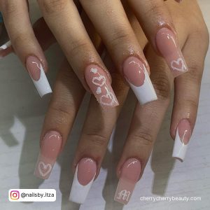 Cute Nails Acrylic With Hearts And White Tips