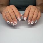 Cute Nude Acrylic Square Nail Designs With Ecg, Heart, And Line Designs Over White Surface