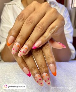 Cute Pink And Orange Nails With Hearts