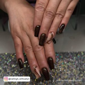 Dark Brown Acrylic Nails With Design On One Finger