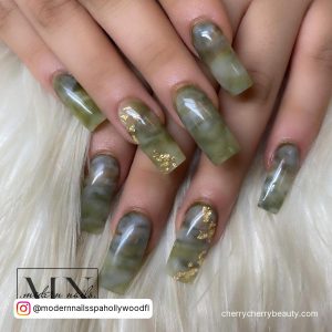Dark Green And Gold Acrylic Nails In Coffin Shape