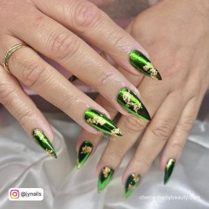 Dark Green And Gold Acrylic Nails In Stilleto Shape