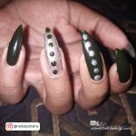 Dark Green And Silver Nails In Stilleto Shape