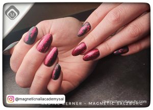 Dark Grey And Pink Nails With Chrome Effect