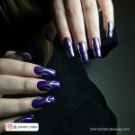 Dark Purple And Silver Nails On Square Shape