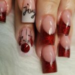 Deep Red Glitter Tip Acrylic Na Ails With Joy Inscriptions On White Fur