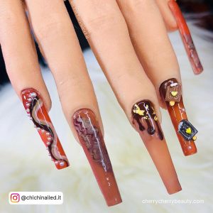 Different Shades Of Brown Acrylic Nails On Extra Long Length