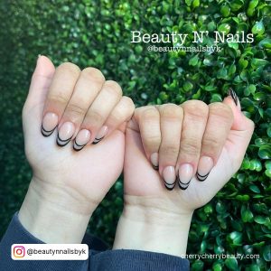 Easy Black Tip Almond Acrylic Nails With Green Leaves In Background