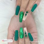 Emerald Green And Silver Nails With Rhinestones