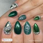 Emerald Green Nails With Silver With Diamonds