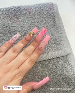 Gel Nails Pastel Pink With Hearts And Embellishments