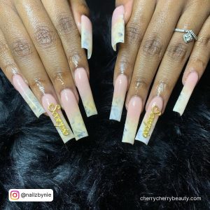 Glam Birthday Acrylic Nails In Pink, White, And Gold