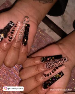 Glam Birthday Nails Coffin In Black And Nude