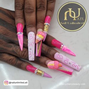 Glam Birthday Nails Coffin In Shades Of Pink