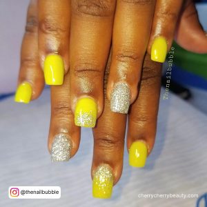 Glitter Yellow Acrylic Nails In Square Shape