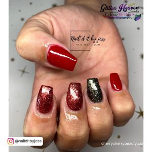 Glittery Red And Black Acrylic Nail Ideas
