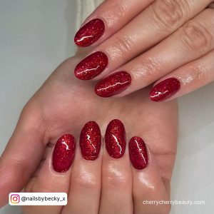 Glittery Round-Tip Dark Red Acrylic Nails