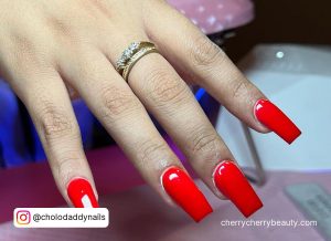 Glossy Red Coffin Acrylic Nails
