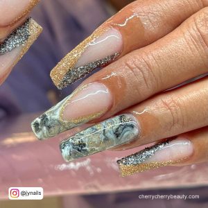 Gold And Grey Acrylic Nails With Glitter
