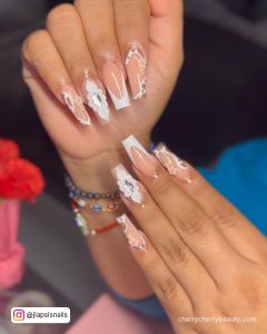 Gold And White Acrylic Nails With Flowers