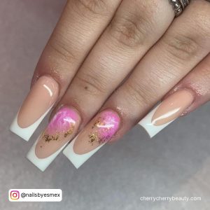Gold And White Acrylic Nails With Nude Base