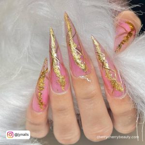 Gold Flake Acrylic Nails In Stilleto Shape