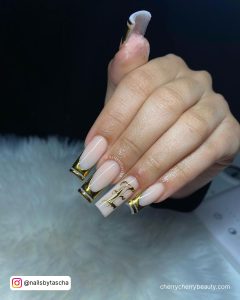 Gold Tip Acrylic Nails With Nude Base Coat