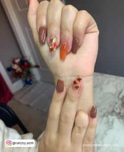 Gorgeous Autumn Fall Acrylic Nails With Bedroom In Background