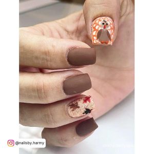 Gorgeous Fall Square Acrylic Nails With Cartoon Drawings Over White Surface