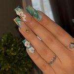 Green And Gold Acrylic Nails With Flowers On Square Shape