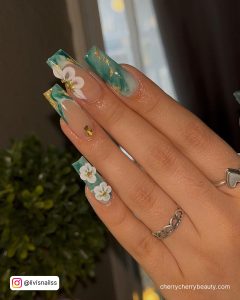 Green And Gold Acrylic Nails With Flowers On Square Shape
