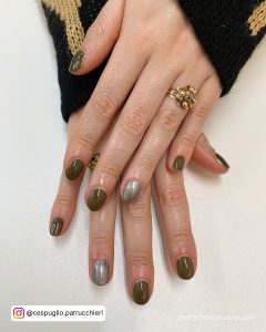 Green And Silver Acrylic Nails In Short Length