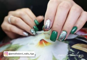 Green And Silver Glitter Nails In Square Shape