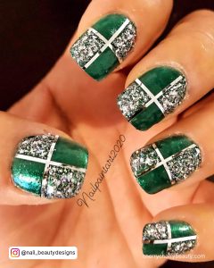 Green Nails With Silver Glitter With Lines