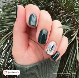 Green Silver Nails With Marble Design On One Finger