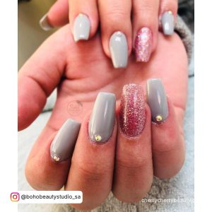 Grey And Pink Acrylic Nails In Glitter